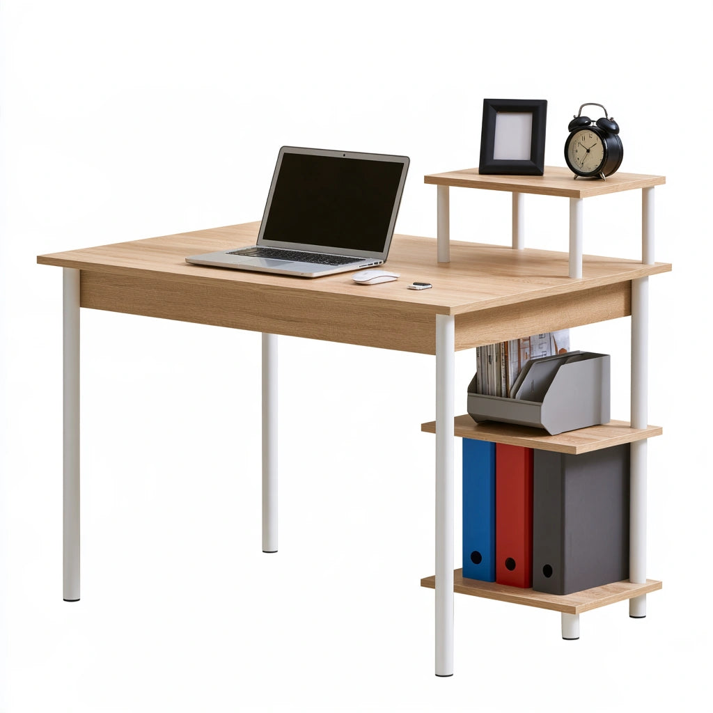 Modern wooden desk in light oak finish, theentryandexit home office workstation with a sleek, compact design in light brown color.
