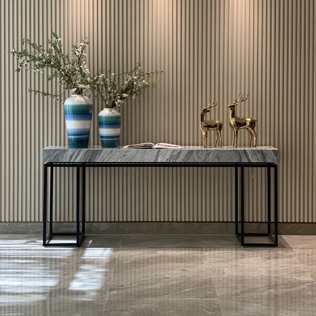 Grey marble-finish console table for hallway by theentryandexit, with a rectangular design and elegant modern style.