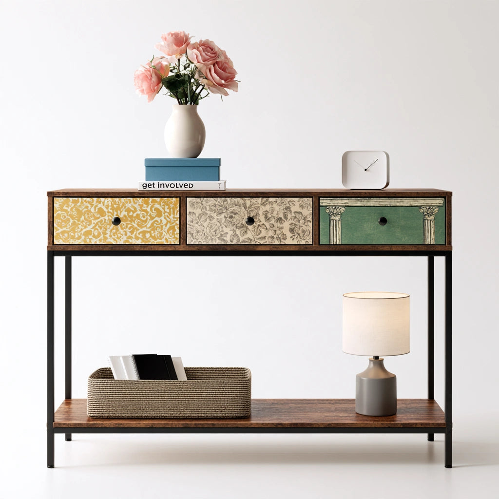 Modern gray entryway console table with three patterned drawers and open storage, designed for hallway organization.
