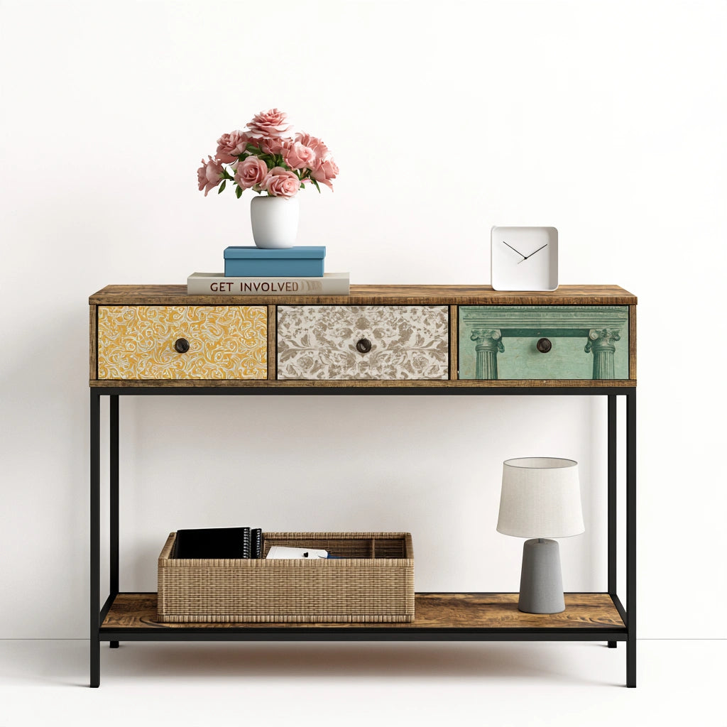 Modern gray console table with three patterned drawers and open storage, designed for hallway and entryway decor.