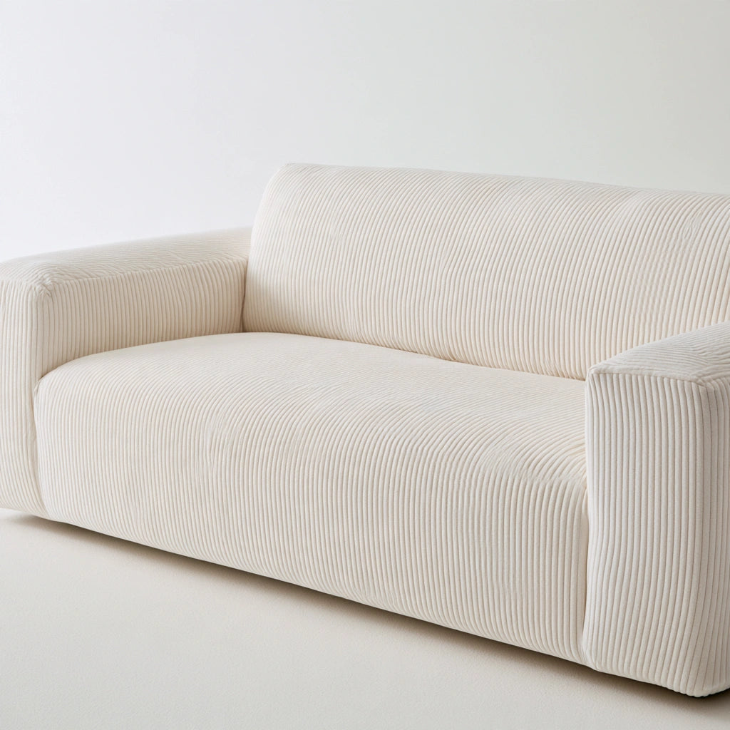 Modern sofa in broken white color by theentryandexit, close-up studio shot showing soft fabric and sleek contemporary design.