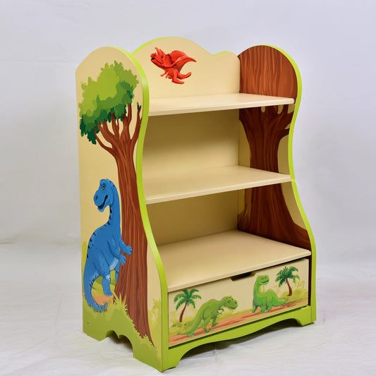 Colorful wooden kids' bookshelf with multiple tiers for books and toys, featuring a playful dinosaur design, by theentryandexit.