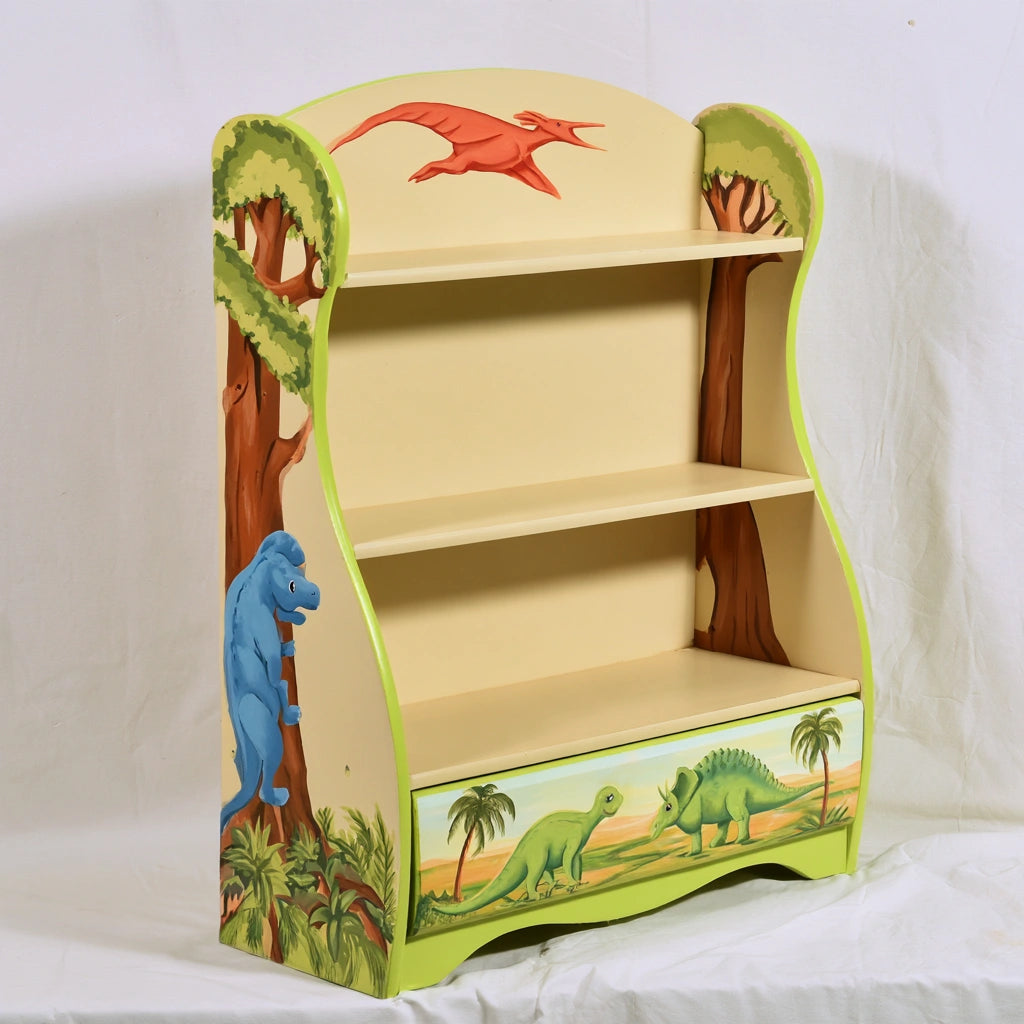 Colorful wooden children's shelf unit with multiple tiers for books and toys, featuring a playful dinosaur design.