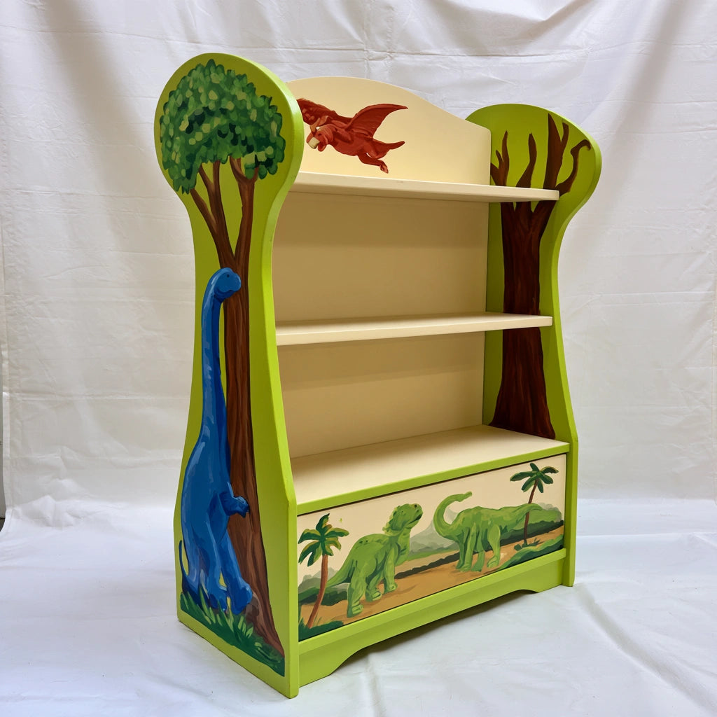 Colorful wooden children's bookshelf and toy storage unit with multiple tiers, ideal for kids' rooms and play areas.