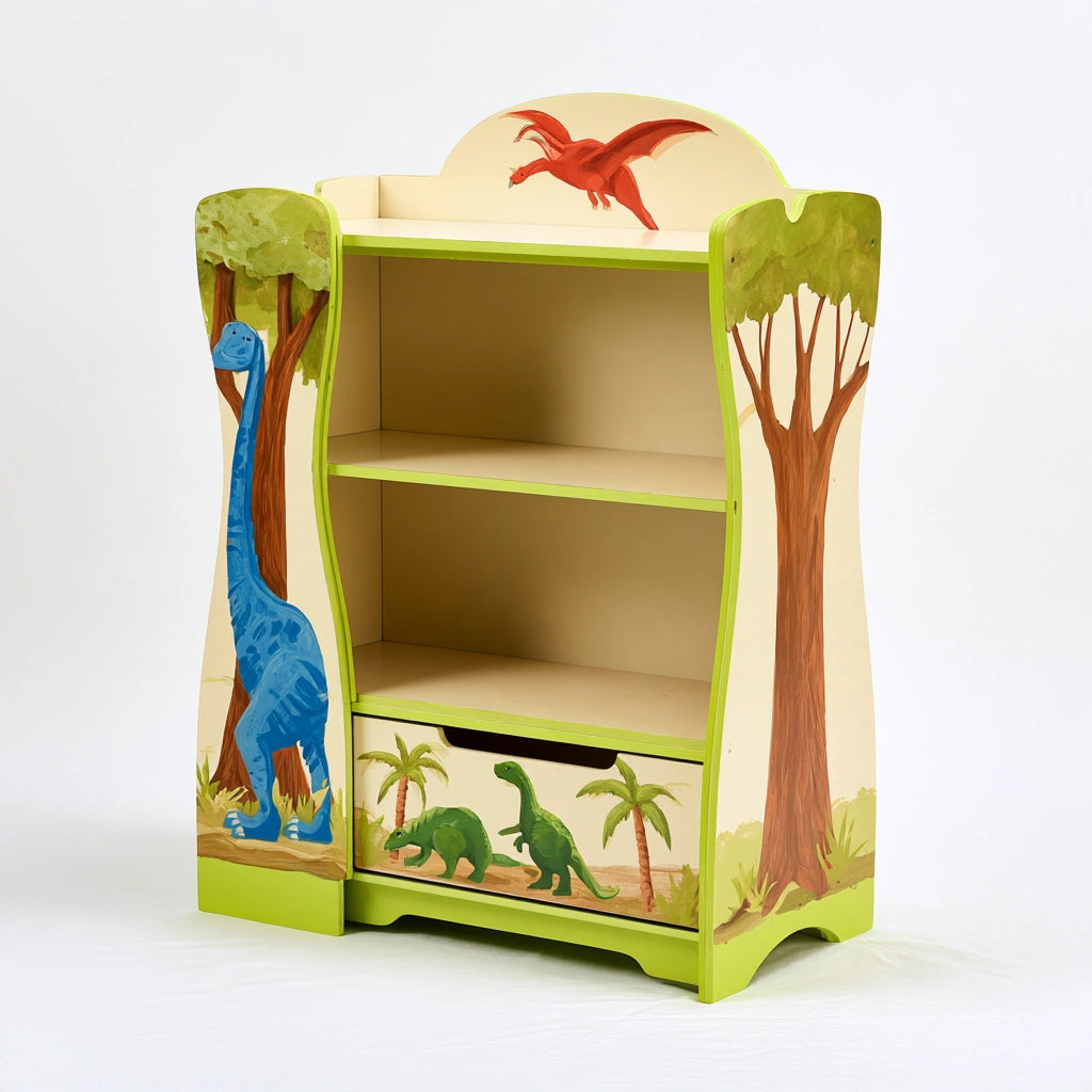 Colorful wooden children's shelf unit with multiple tiers for books and toys, featuring a playful dinosaur design.