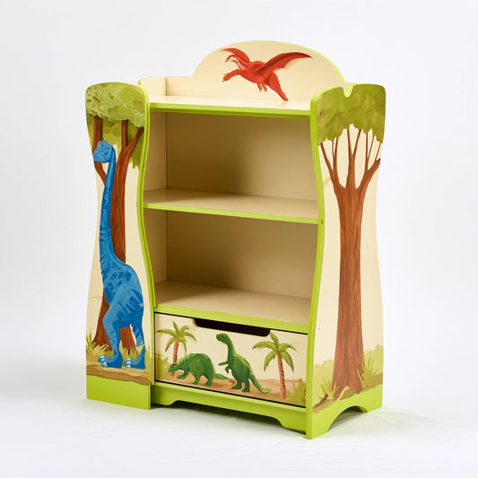 Colorful wooden children's shelf unit with multiple tiers for books and toys, featuring a playful dinosaur design.