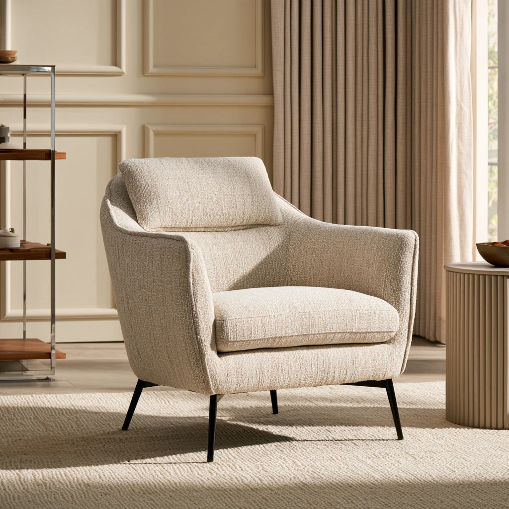 Light beige upholstered accent armchair from theentryandexit, comfortable textured fabric, ideal for living room decor.