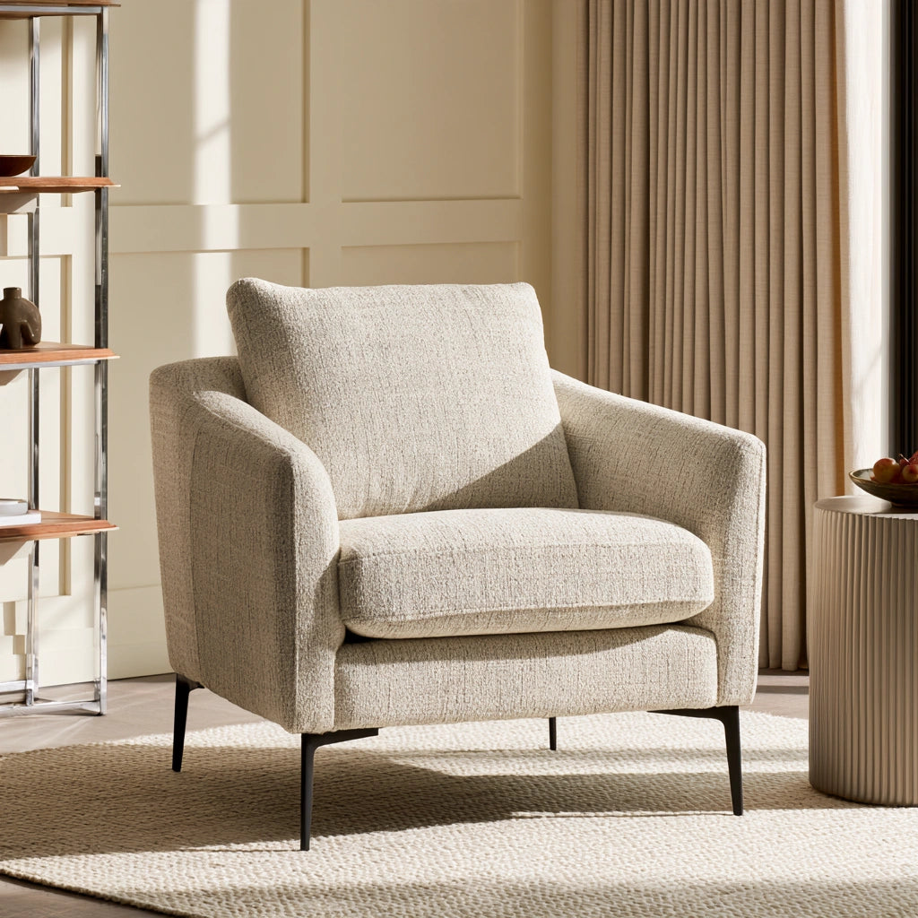Light beige upholstered accent armchair by theentryandexit, textured fabric, comfortable design for living room or home decor.
