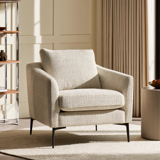 Light beige upholstered accent armchair by theentryandexit, textured fabric, comfortable design for living room or home decor.