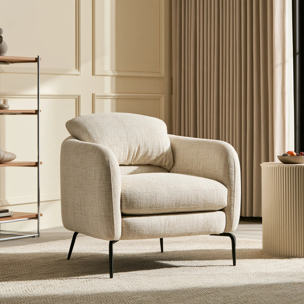 Light beige upholstered accent armchair by theentryandexit, textured fabric, comfortable and stylish for living room decor.