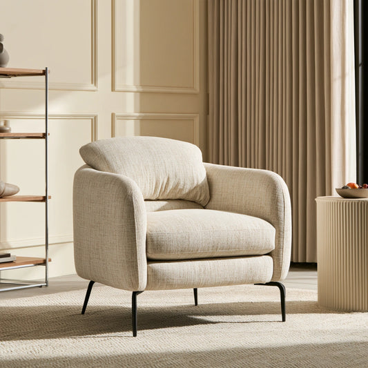 Light beige upholstered accent armchair by theentryandexit, textured fabric, comfortable and stylish for living room decor.