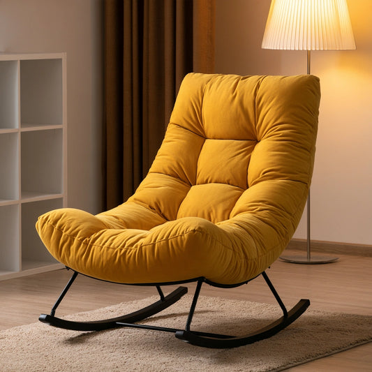 Yellow upholstered relaxation armchair by theentryandexit, modern design with thick padding, perfect for living room comfort.