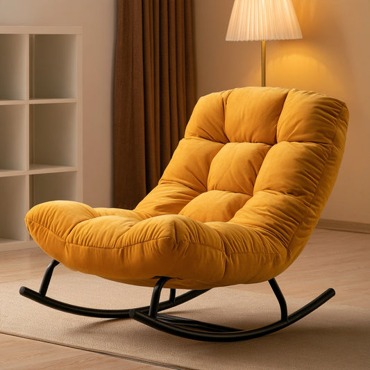 Yellow upholstered relaxation armchair by TheEntryAndExit with modern design and thick padding, perfect for living room comfort.