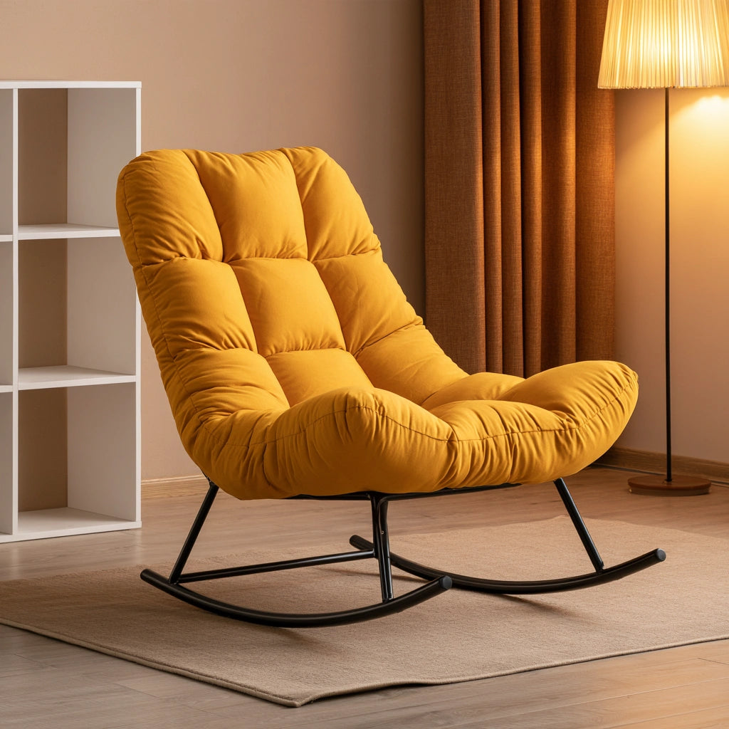Yellow upholstered relaxation armchair with modern design and thick padding, ideal for living room comfort.