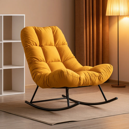 Yellow upholstered relaxation armchair with modern design and thick padding, ideal for living room comfort.