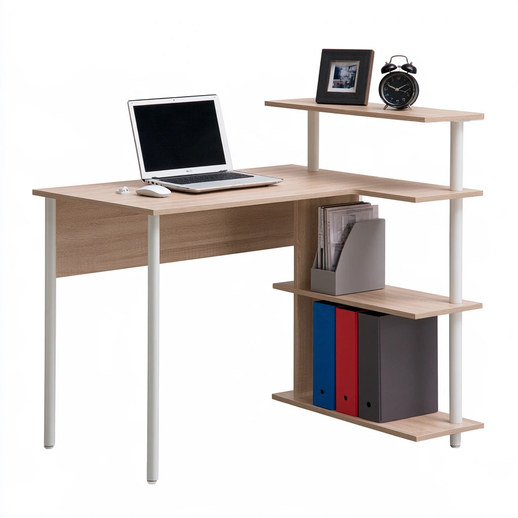 Modern oak-colored wooden desk by theentryandexit for home office, featuring a compact design and light brown finish.