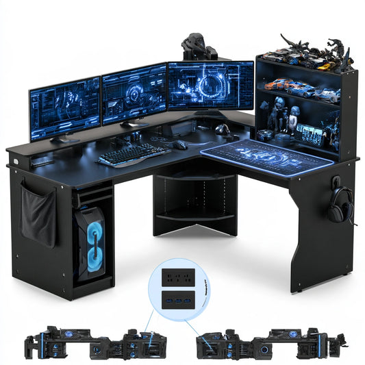Black L-shaped corner desk by theentryandexit, modern design for home office and gaming setup, with ample workspace.