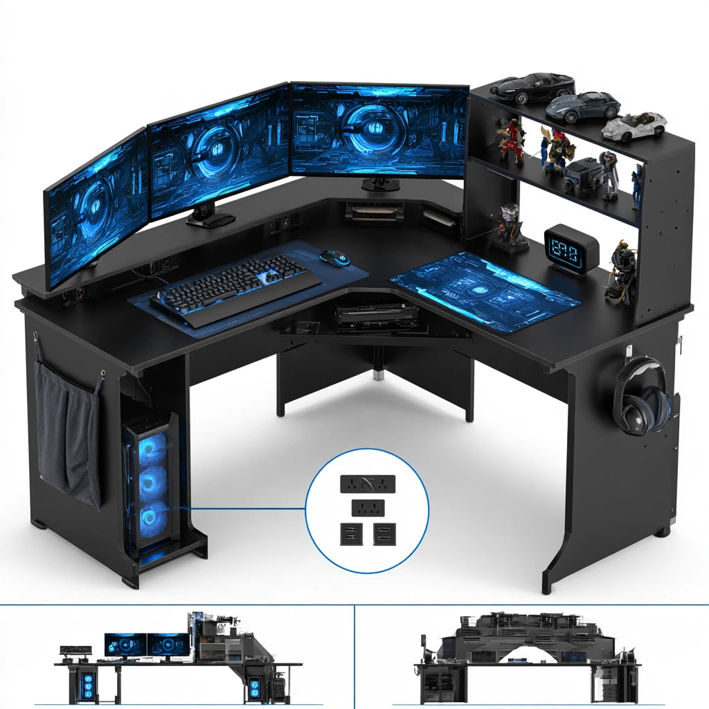 Black L-shaped office desk by theentryandexit, modern corner design for home or workspace, suitable for gaming or office use.