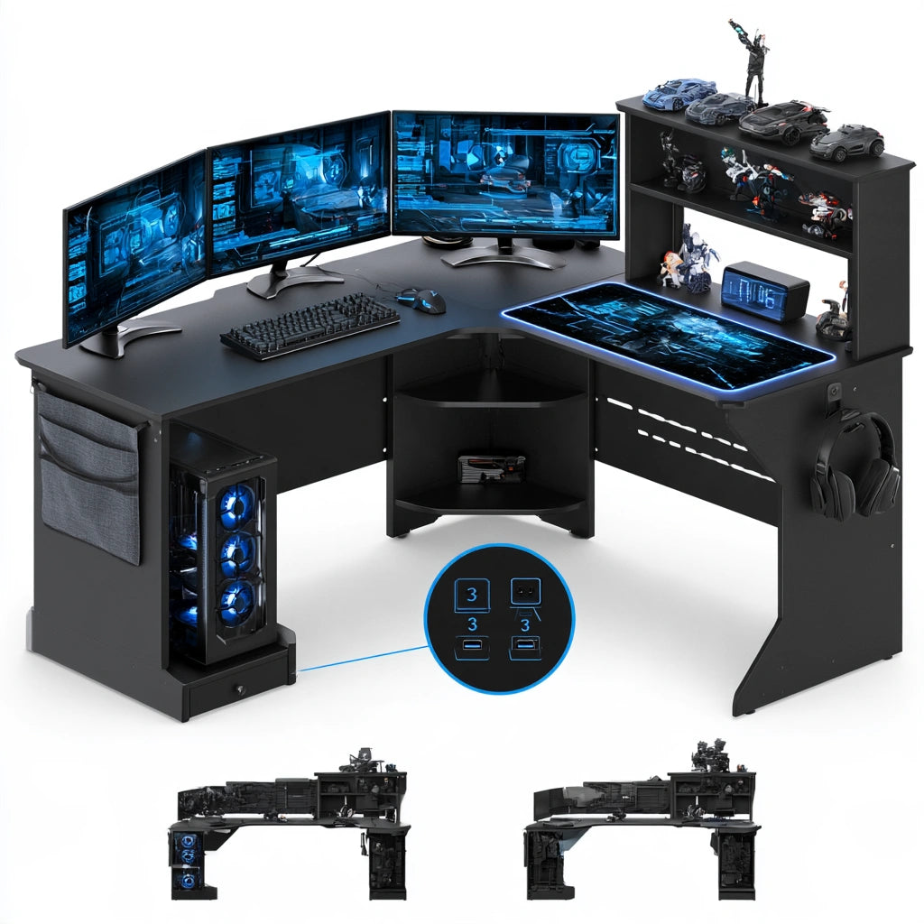 Black L-shaped desk by theentryandexit, modern corner office furniture suitable for gaming and workspace setups.