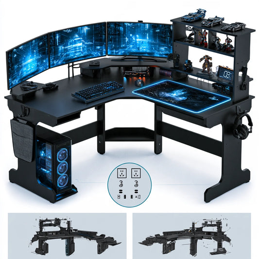 Black L-shaped gaming desk by TheEntryAndExit, modern design, perfect for home office or gaming setup.
