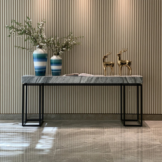 Grey marble-finish console table for hallway by theentryandexit, with a rectangular design and elegant modern style.