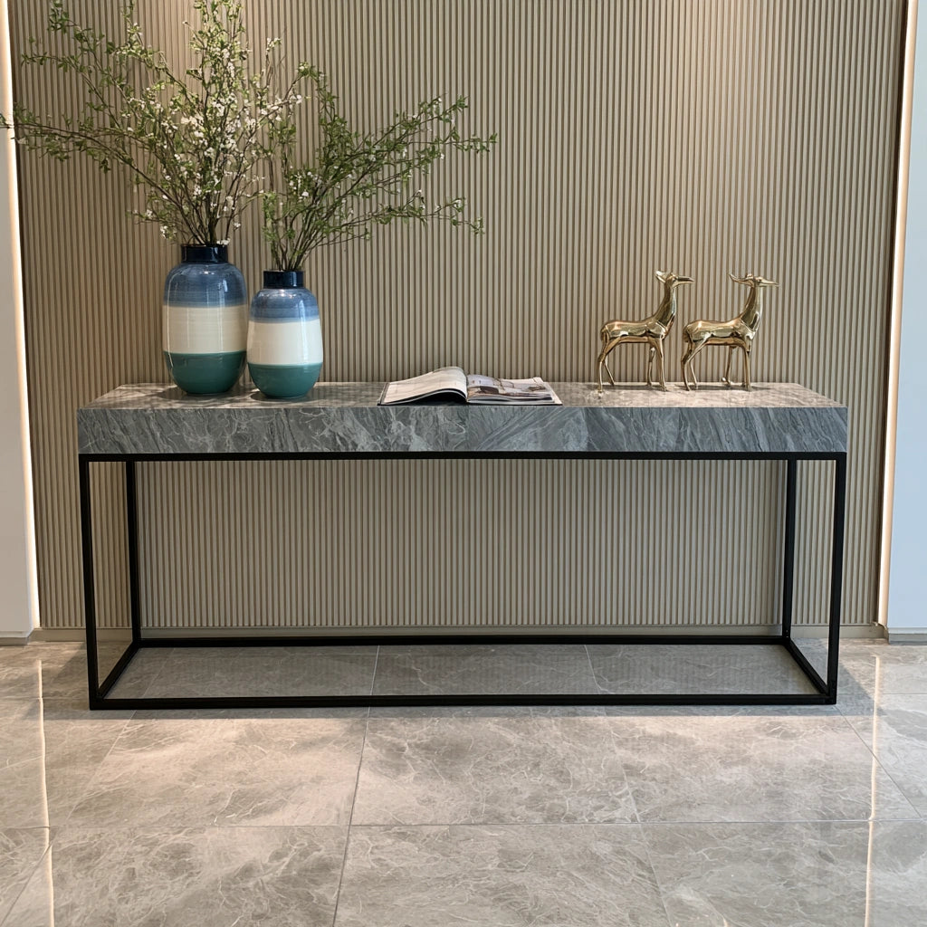 Grey marble finish hallway console table by theentryandexit, rectangular design for home and garden entryway decor.