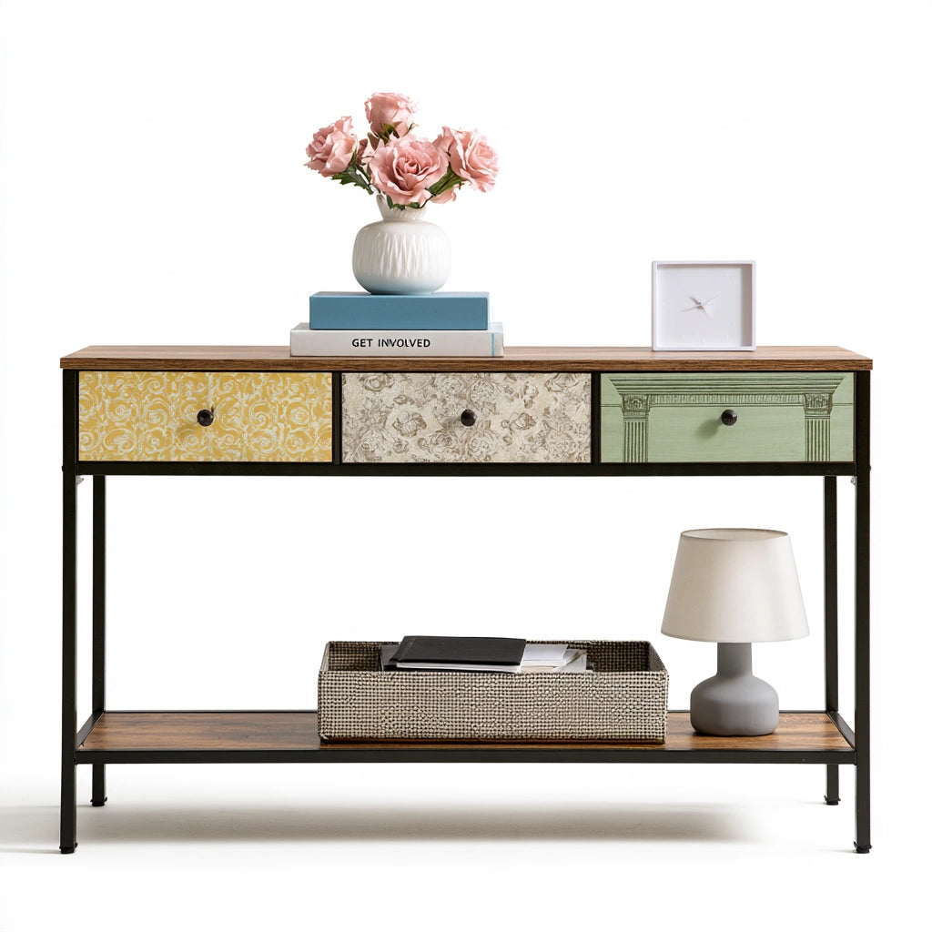 Modern gray console table with three patterned drawers and open shelf, ideal for hallway decor by theentryandexit.