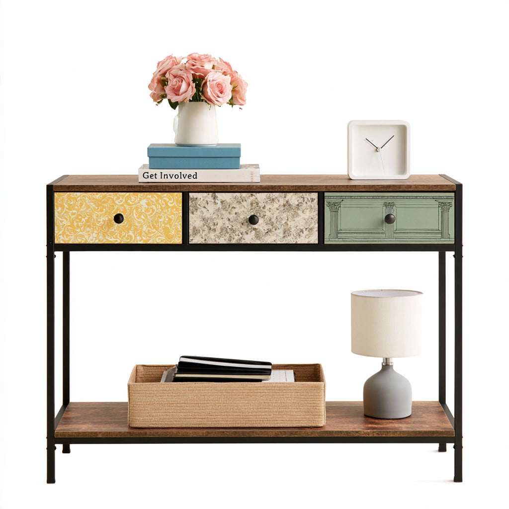 Modern gray entryway console table with three patterned drawers and open storage, designed for hallway organization.