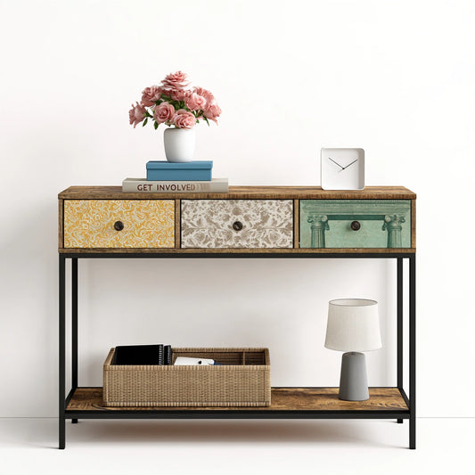 Modern gray console table with three patterned drawers and open storage, designed for hallway and entryway decor.